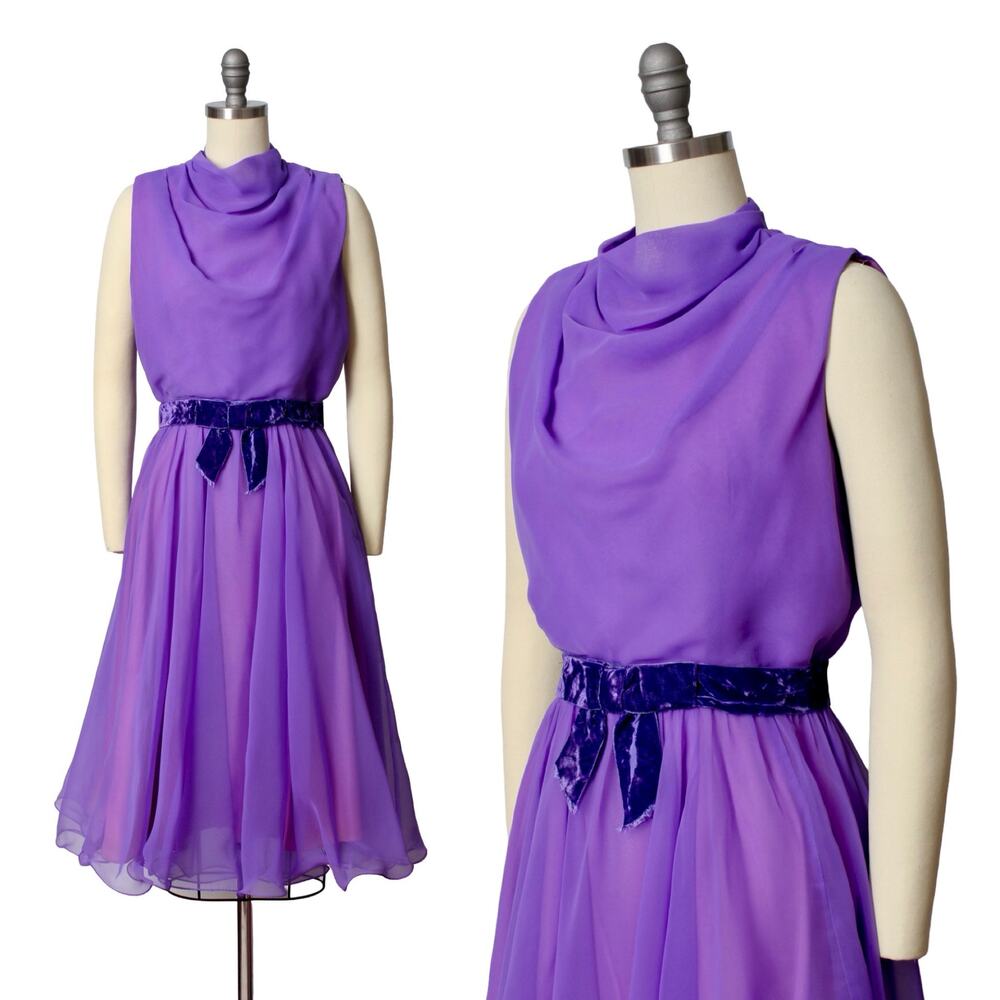 Vintage 1960s Party Dress 60s MISS ELLIETTE Purple Chiffon Bridesmaid Prom